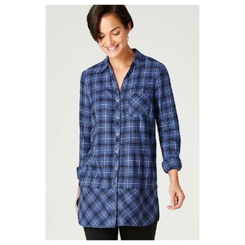 J. Jill Plaid Blue Tunic Curved Hem Blouse Shirt